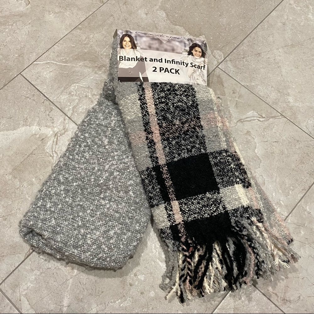NEW emanuel geraldo grey & plaid blanket and infinity scarf 2 pack